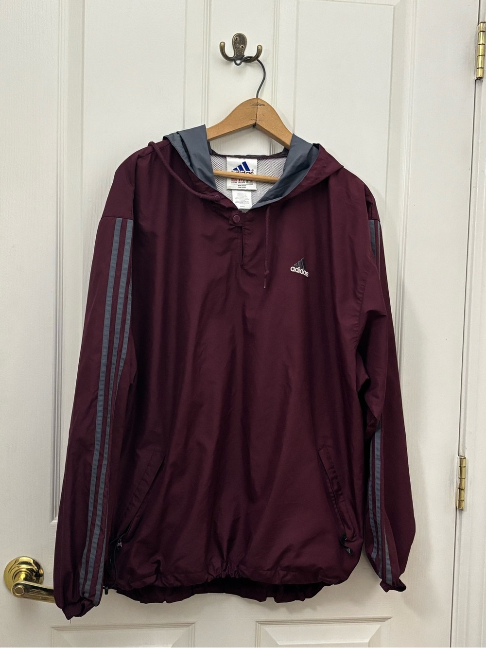 adidas Men's Maroon Hooded Windbreaker with Gray Stripes